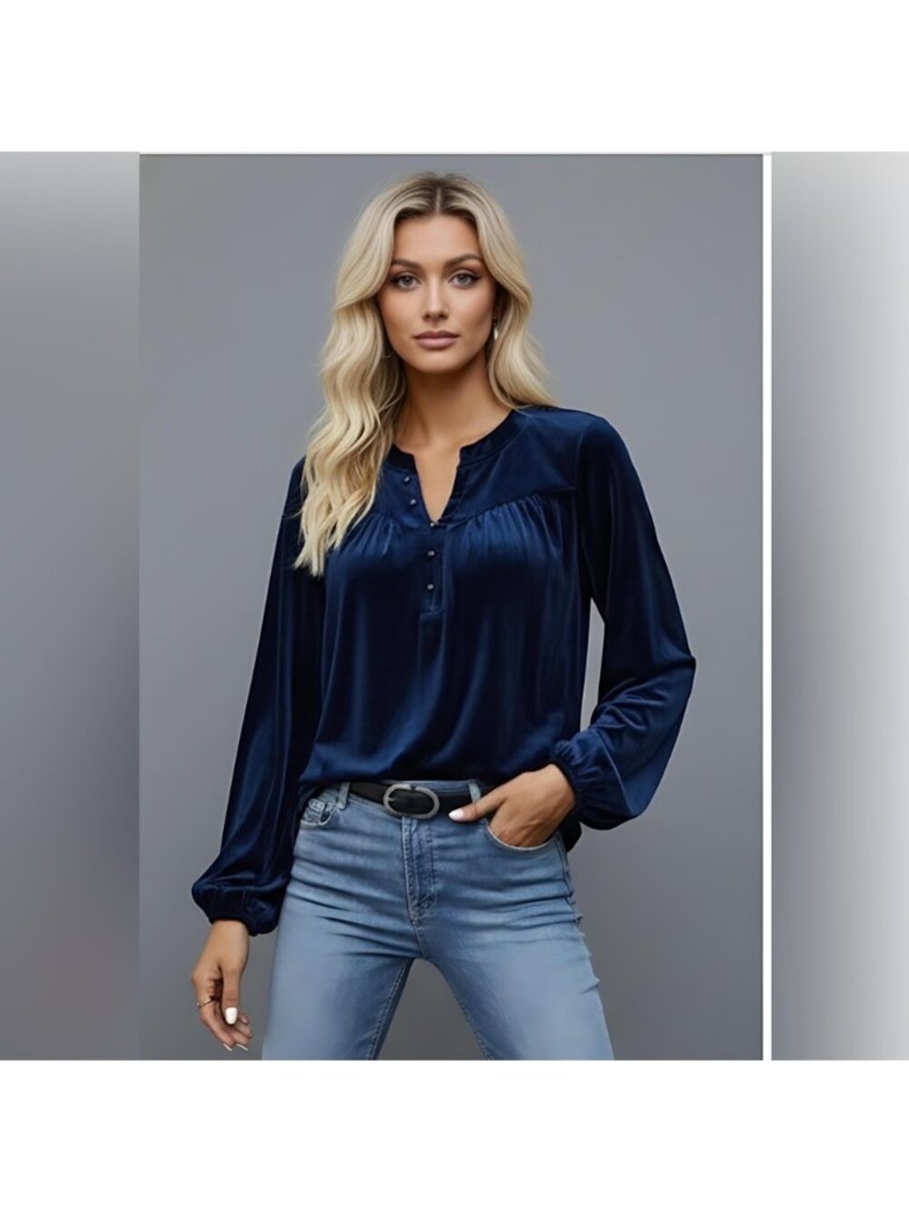 Blue Notched Neckline Lantern Sleeve